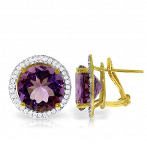 12.4 Carat 14K Solid Yellow Gold French Clips Earrings Diamond Amethyst