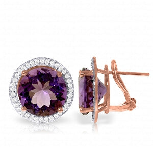 12.4 Carat 14K Solid Rose Gold French Clips Earrings Diamond Amethyst