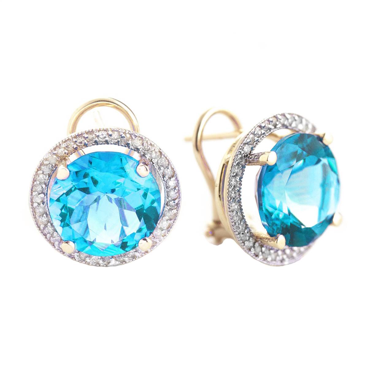 16 Carat 14K Solid Yellow Gold French Clips Earrings Diamond Blue Topaz