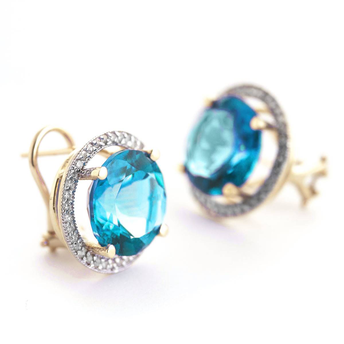 16 Carat 14K Solid Yellow Gold French Clips Earrings Diamond Blue Topaz