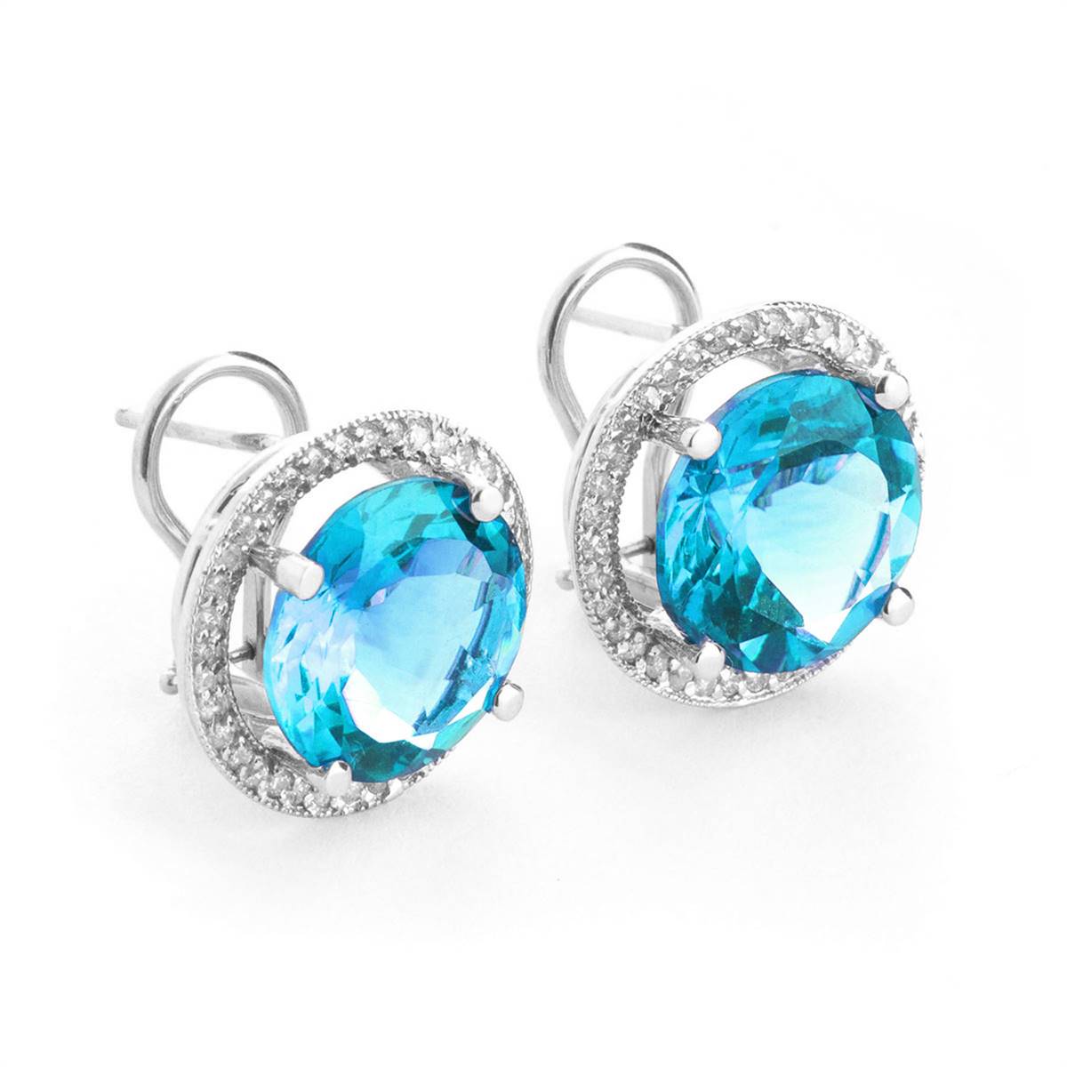 16 Carat 14K Solid White Gold French Clips Earrings Diamond Blue Topaz