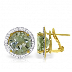 10.4 Carat 14K Solid Yellow Gold French Clips Earrings Diamond Green Amethyst