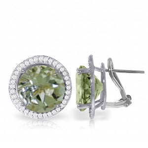 10.4 Carat 14K Solid White Gold French Clips Earrings Diamond Green Amethyst