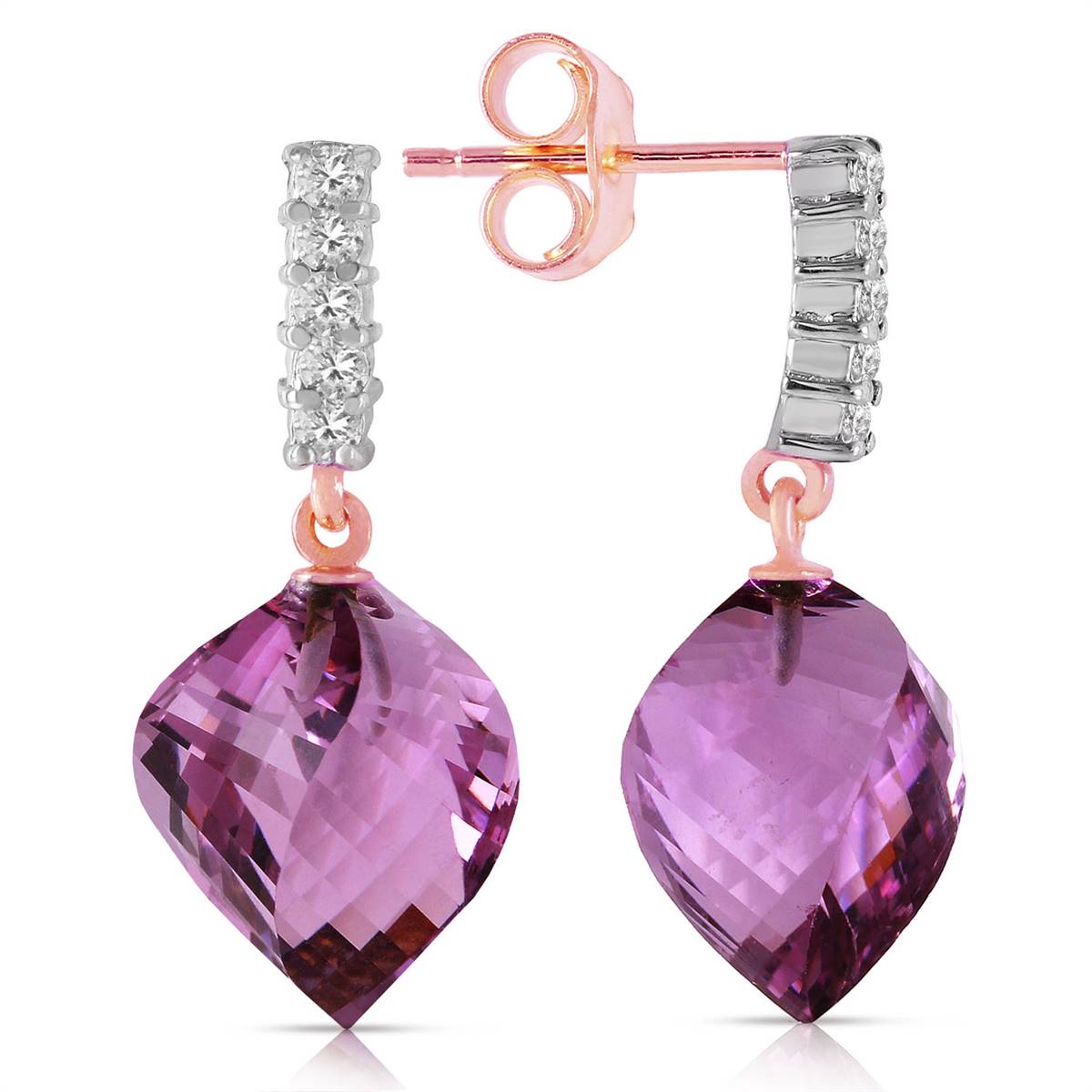 21.65 Carat 14K Solid Rose Gold Diamond Spiral Amethyst Earrings