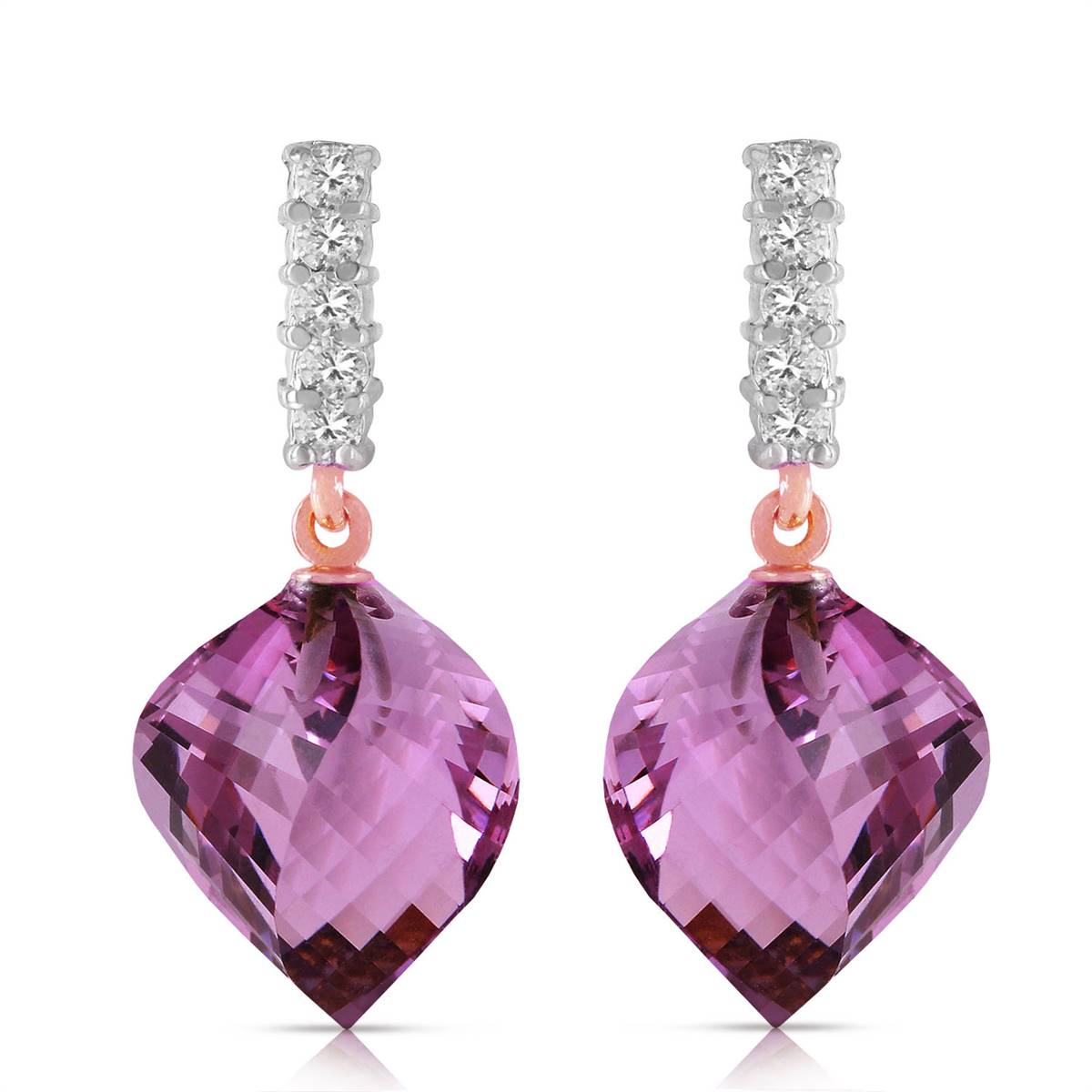 21.65 Carat 14K Solid Rose Gold Diamond Spiral Amethyst Earrings