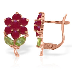 2.12 Carat 14K Solid Rose Gold Flower Ruby Peridot Clip Earrings