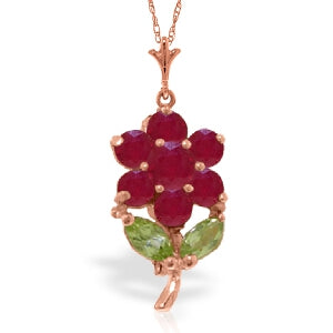 1.06 Carat 14K Solid Rose Gold Flower Leaf Ruby Peridot Necklace