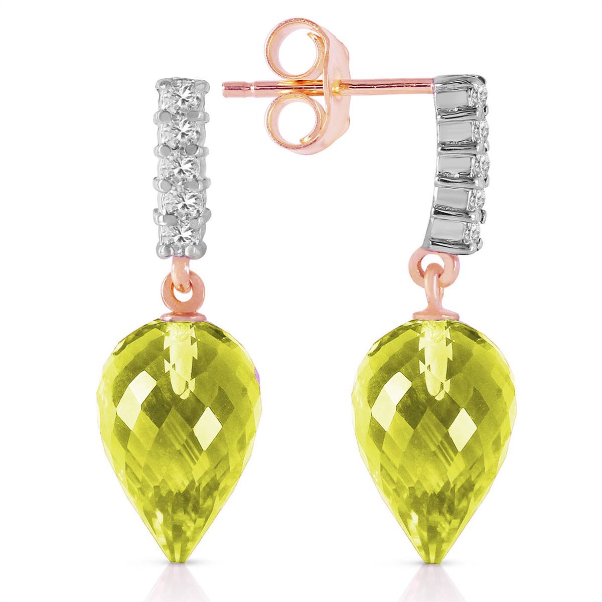 18.18 Carat 14K Solid Rose Gold Diamond Lemon Quartz Hook Earrings