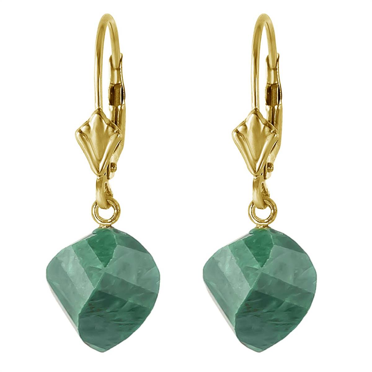 14K Solid Yellow Gold Leverback Earrings Twisted Briolette Emeralds