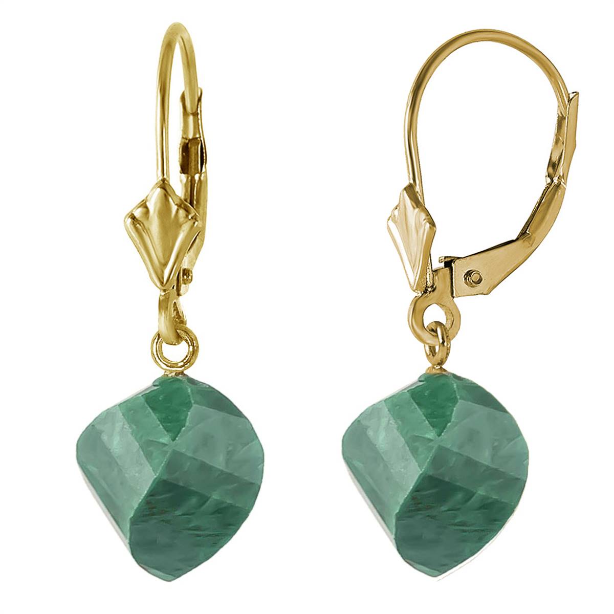 14K Solid Yellow Gold Leverback Earrings Twisted Briolette Emeralds