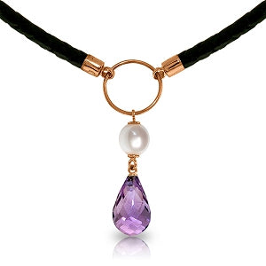 7.5 Carat 14K Solid Rose Gold Leather Necklace Pearl Amethyst