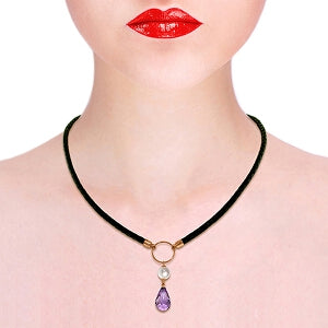 7.5 Carat 14K Solid Rose Gold Leather Necklace Pearl Amethyst