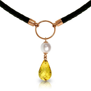 7.5 Carat 14K Solid Rose Gold Leather Necklace Pearl Citrine