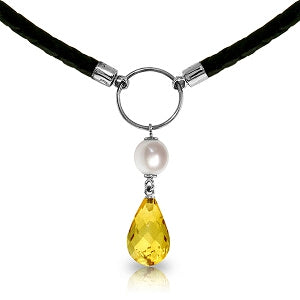 7.5 Carat 14K Solid White Gold Leather Necklace Pearl Citrine