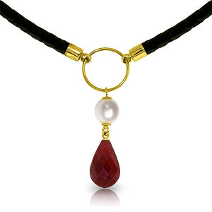 10.8 Carat 14K Solid Yellow Gold Leather Necklace Pearl Ruby
