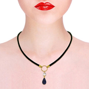 10.8 Carat 14K Solid Yellow Gold Leather Necklace Pearl Sapphire