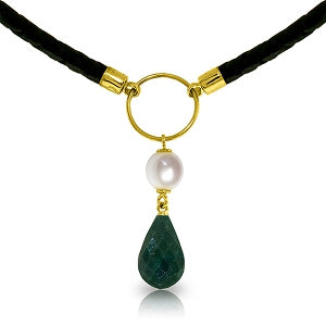 10.8 Carat 14K Solid Yellow Gold Leather Necklace Pearl Emerald