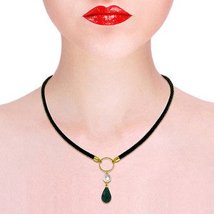 10.8 Carat 14K Solid Yellow Gold Leather Necklace Pearl Emerald