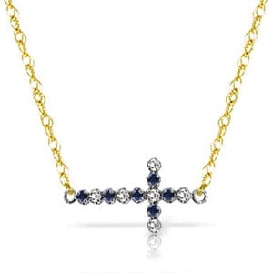 0.24 Carat 14K Solid Yellow Gold Cross Necklace Diamond Sapphire