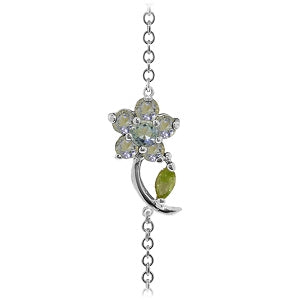 0.87 Carat 14K Solid White Gold Flower Bracelet Aquamarine Peridot