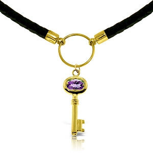 0.5 Carat 14K Solid Yellow Gold Leather Key Necklace Amethyst