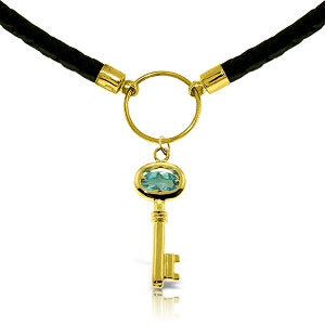 0.5 Carat 14K Solid Yellow Gold Leather Key Necklace Blue Topaz