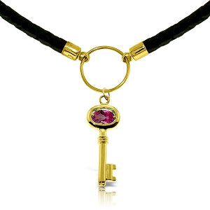 0.5 Carat 14K Solid Yellow Gold Leather Key Necklace Pink Topaz