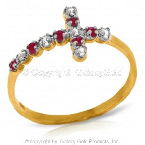 0.24 Carat 14K Solid Yellow Gold Cross Ring Diamond Ruby
