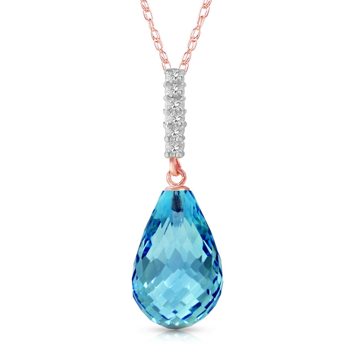 6.68 Carat 14K Solid Rose Gold Necklace Diamond Briolette Drop Blue Topaz