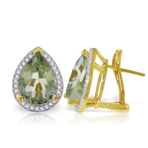 6.82 Carat 14K Solid Yellow Gold French Clips Earrings Diamond Green Amethyst