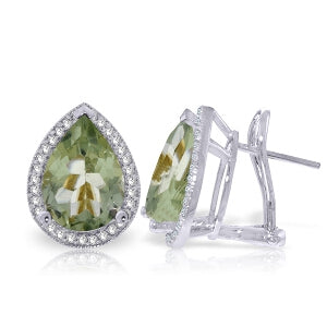 6.82 Carat 14K Solid White Gold French Clips Earrings Diamond Green Amethyst