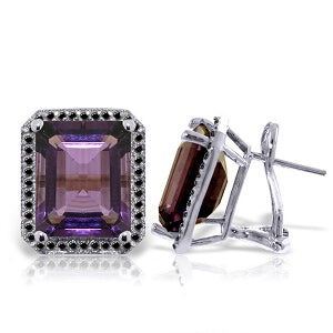14K Solid White Gold Stud French Clips Earrings Diamonds & Amethysts