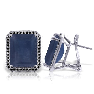 14K Solid White Gold Stud French Clips Earrings w/ Black Diamonds & Sapphires