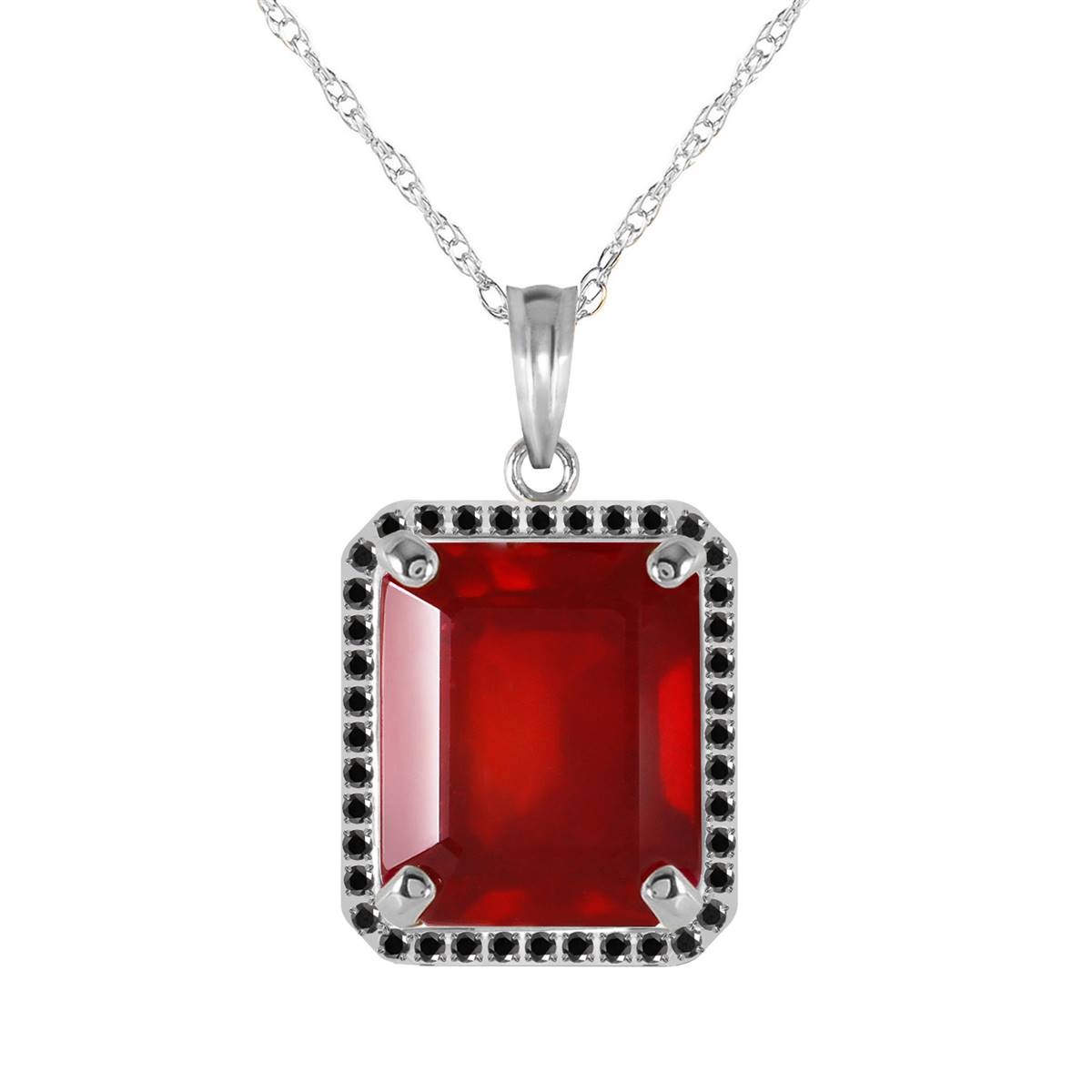 14K Solid White Gold Necklace w/ Natural Black Diamonds & Ruby