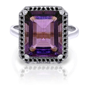 14K Solid White Gold Ring w/ Natural Black Diamonds & Amethyst