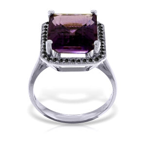 14K Solid White Gold Ring w/ Natural Black Diamonds & Amethyst