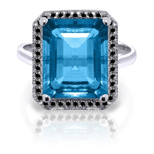 14K Solid White Gold Ring w/ Natural Black Diamonds & Blue Topaz
