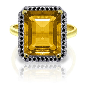 14K Solid Yellow Gold Ring w/ Natural Black Diamonds & Citrine