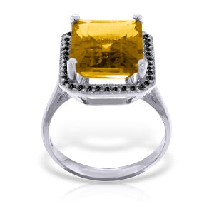 14K Solid White Gold Ring w/ Natural Black Diamonds & Citrine