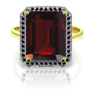 14K Solid Yellow Gold Ring w/ Natural Black Diamonds & Garnet