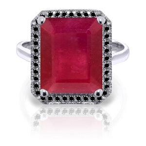 14K Solid White Gold Ring w/ Natural Black Diamonds & Ruby