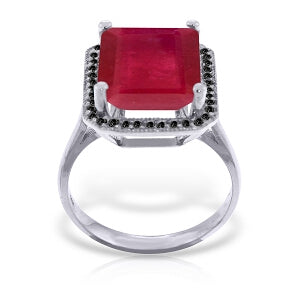 14K Solid White Gold Ring w/ Natural Black Diamonds & Ruby