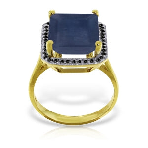14K Solid Yellow Gold Ring w/ Natural Black Diamonds & Sapphire