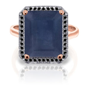 14K Solid Rose Gold Ring w/ Natural Black Diamonds & Sapphire