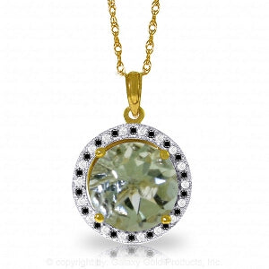 14K Solid Yellow Gold Black / White Diamonds & Green Amethyst Necklace
