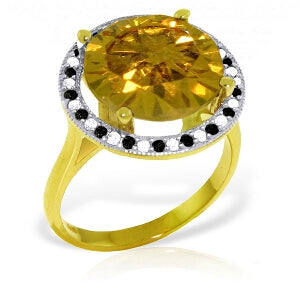 14K Solid Yellow Gold Ring w/ Natural Black / White Diamonds & Citrine