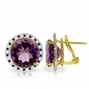 14K Solid Yellow Gold Stud French Clips Earrings Black / White Diamonds & Amethysts