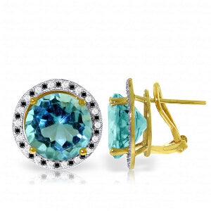 14K Solid Yellow Gold Stud French Clips Earrings Black / White Diamonds & Blue Topaz