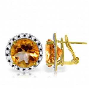 14K Solid Yellow Gold Stud French Clips Earrings Black / White Diamonds & Citrines