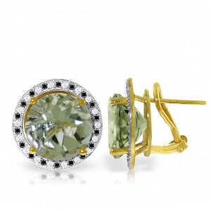 14K Solid Yellow Gold Stud French Clips Earrings Black / White Diamond & Green Amethyst